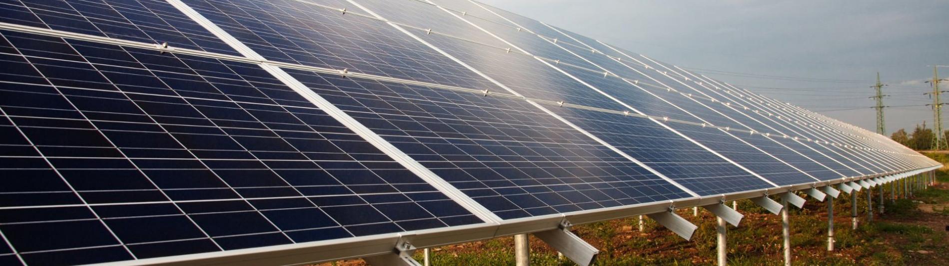 Photovoltaik-Anlage mit Solarzellen im Feld im Grünen mit spiegelndem Sonnenschein